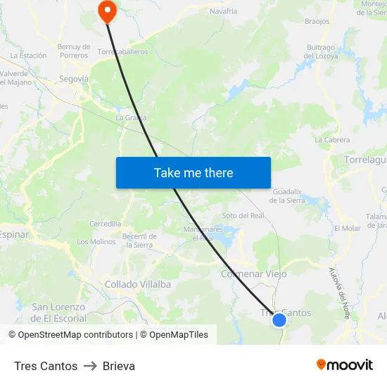 Tres Cantos to Brieva map