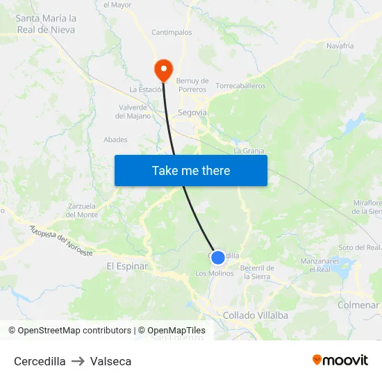 Cercedilla to Valseca map