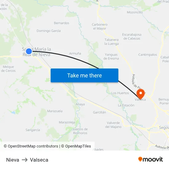 Nieva to Valseca map