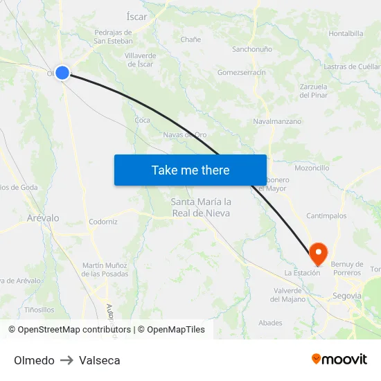 Olmedo to Valseca map
