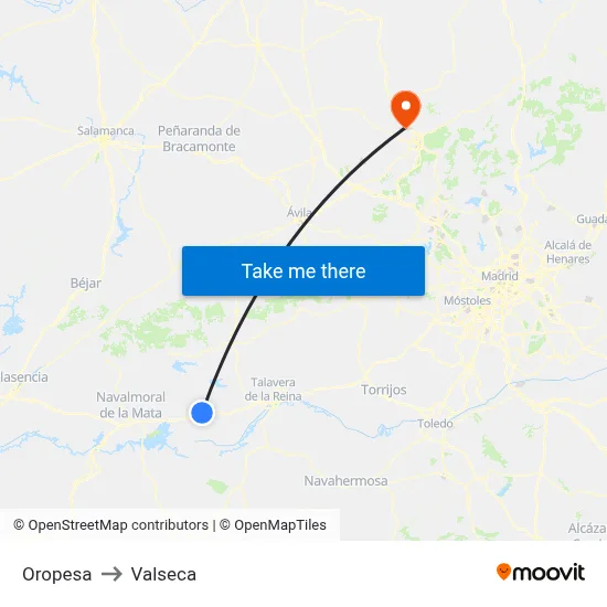 Oropesa to Valseca map