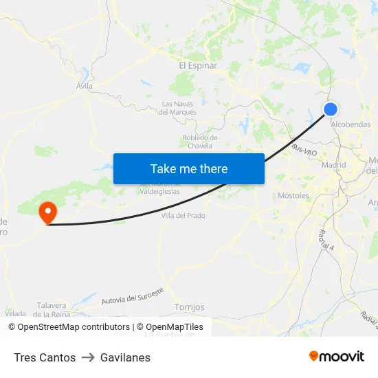 Tres Cantos to Gavilanes map