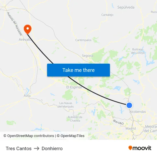 Tres Cantos to Donhierro map