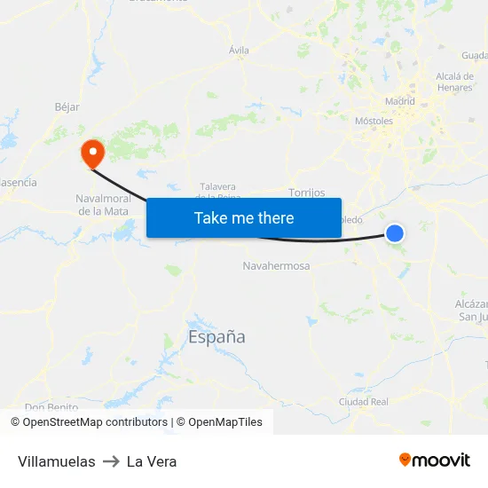 Villamuelas to La Vera map