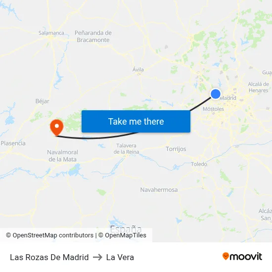 Las Rozas De Madrid to La Vera map