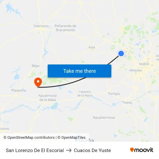 San Lorenzo De El Escorial to Cuacos De Yuste map