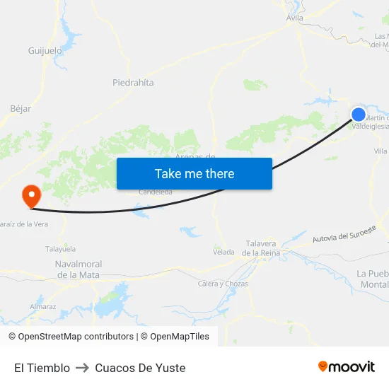 El Tiemblo to Cuacos De Yuste map