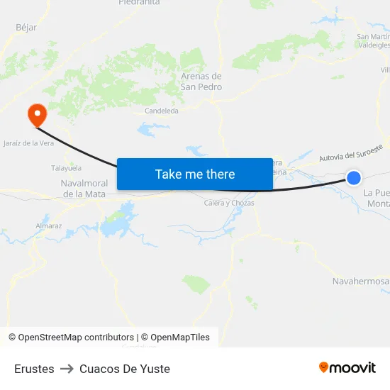 Erustes to Cuacos De Yuste map