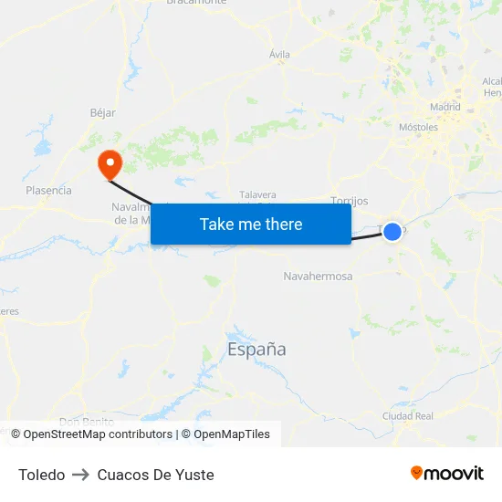 Toledo to Cuacos De Yuste map