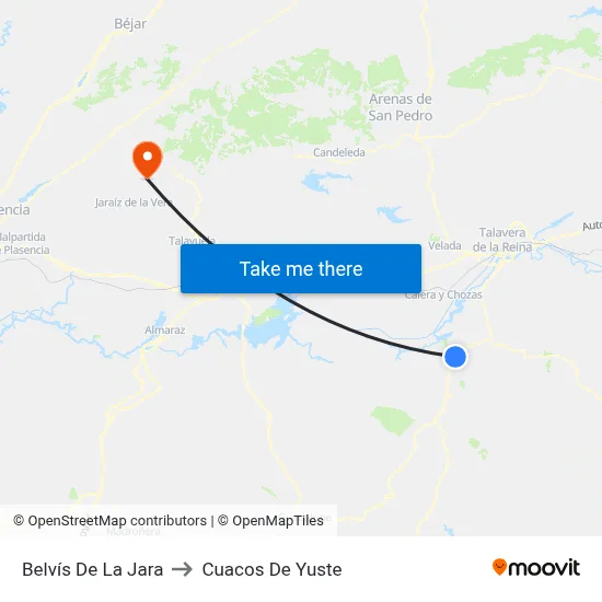 Belvís De La Jara to Cuacos De Yuste map