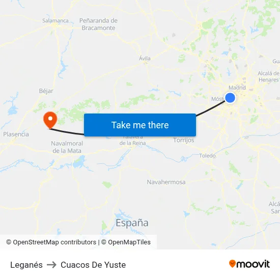 Leganés to Cuacos De Yuste map