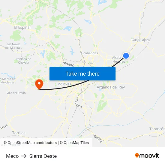 Meco to Sierra Oeste map
