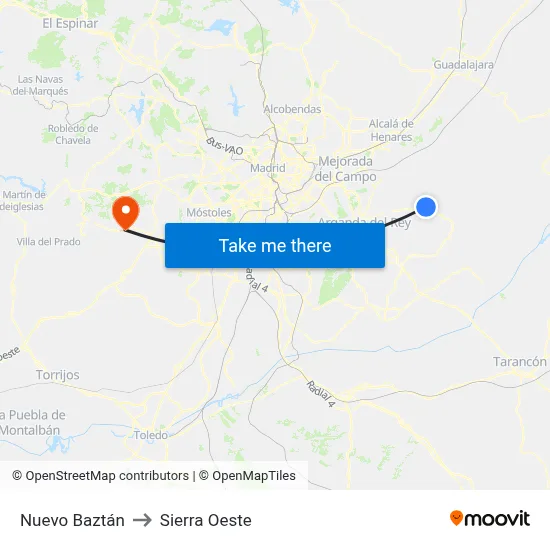 Nuevo Baztán to Sierra Oeste map