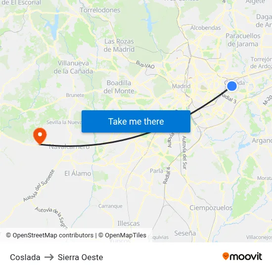Coslada to Sierra Oeste map