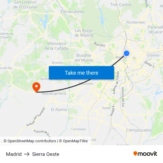 Madrid to Sierra Oeste map