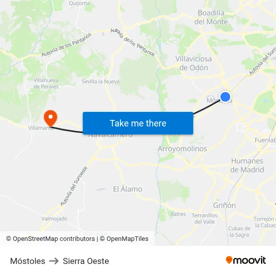 Móstoles to Sierra Oeste map