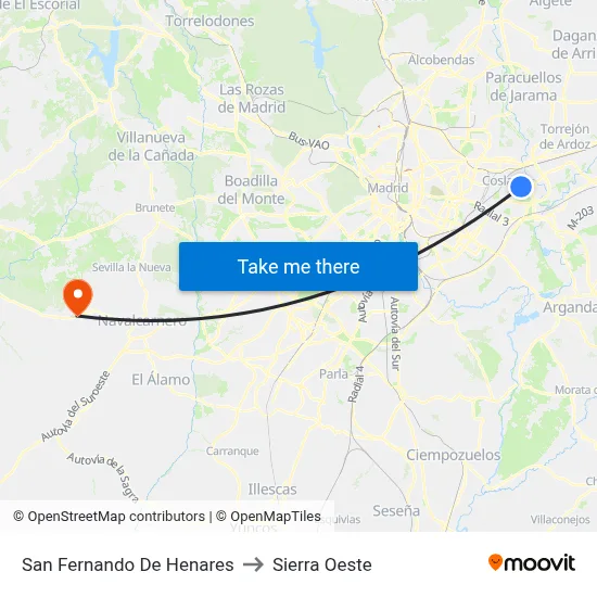 San Fernando De Henares to Sierra Oeste map