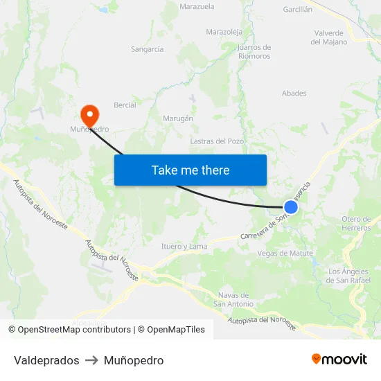Valdeprados to Muñopedro map