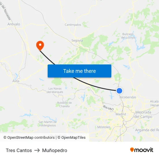Tres Cantos to Muñopedro map