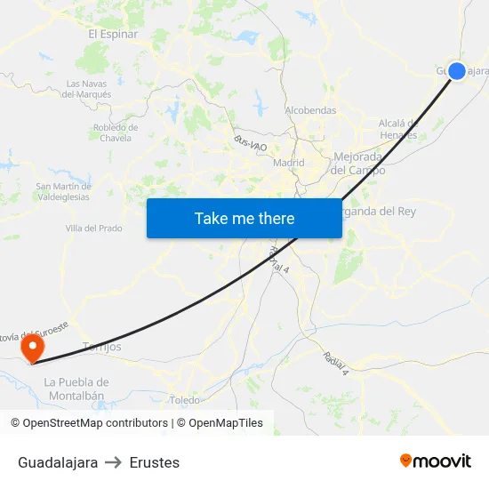 Guadalajara to Erustes map