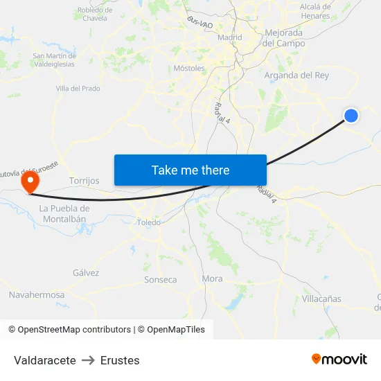 Valdaracete to Erustes map