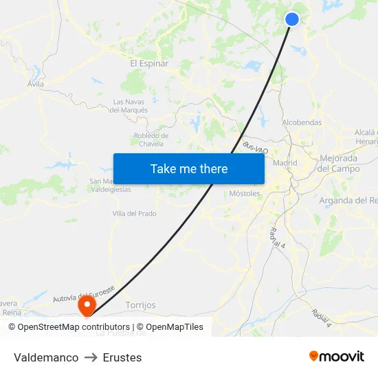 Valdemanco to Erustes map