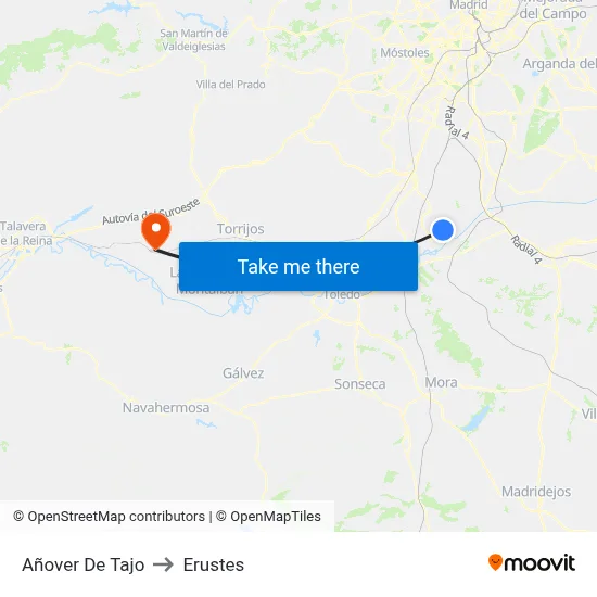 Añover De Tajo to Erustes map