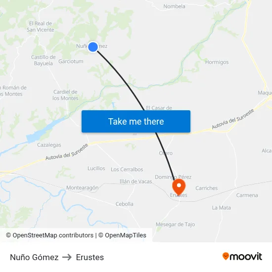 Nuño Gómez to Erustes map