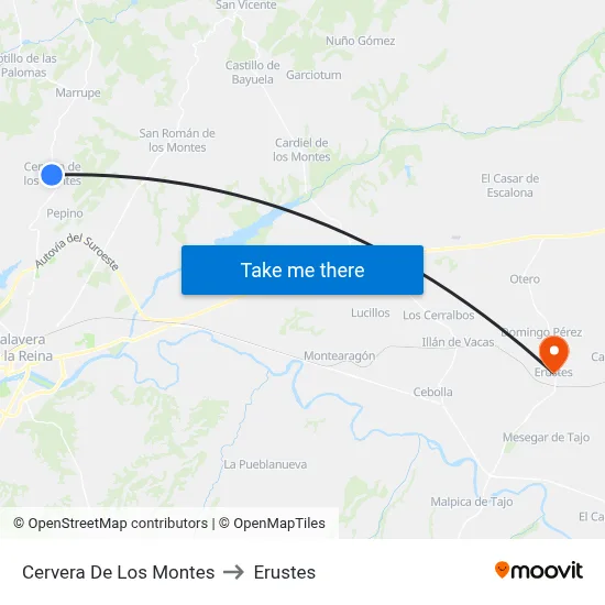 Cervera De Los Montes to Erustes map