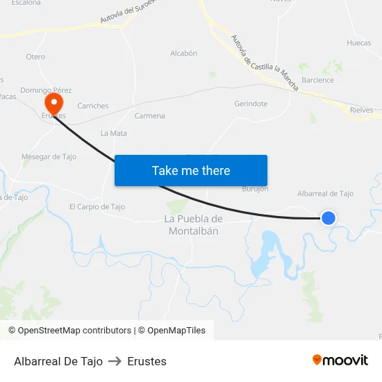 Albarreal De Tajo to Erustes map