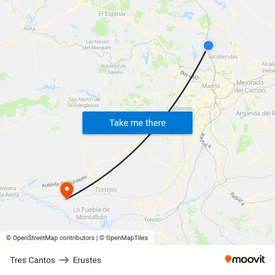 Tres Cantos to Erustes map