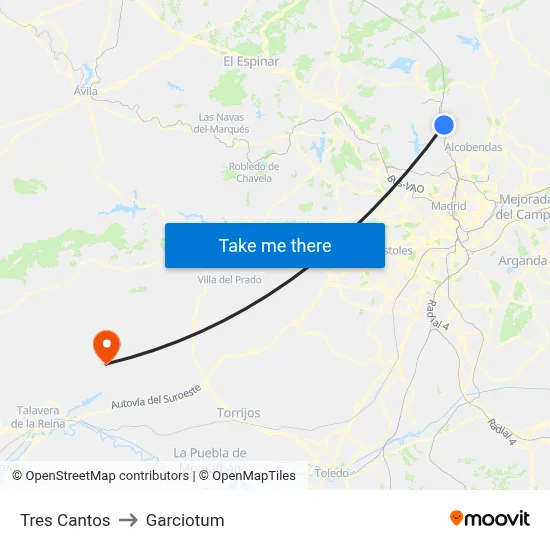 Tres Cantos to Garciotum map