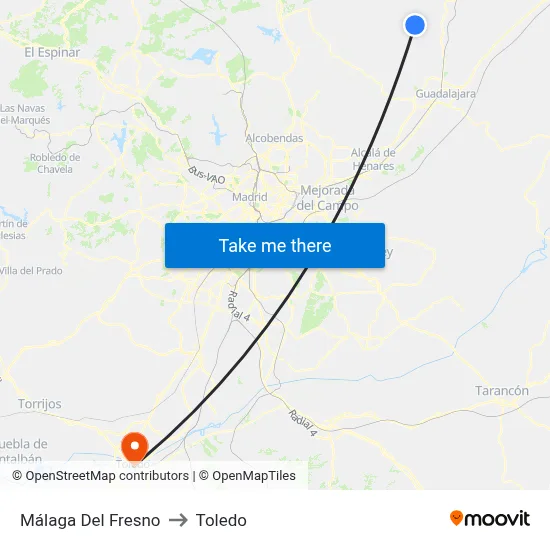 Málaga Del Fresno to Toledo map