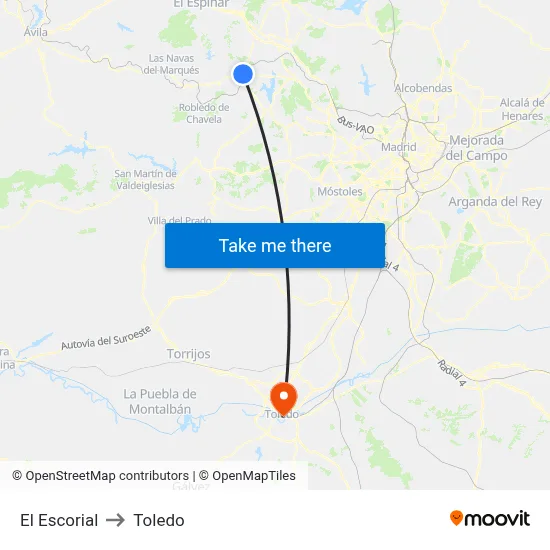 El Escorial to Toledo map