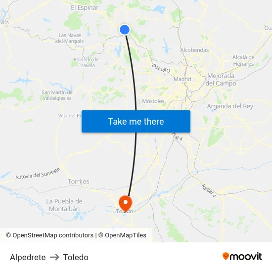Alpedrete to Toledo map