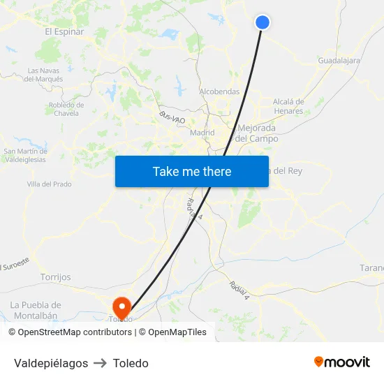 Valdepiélagos to Toledo map