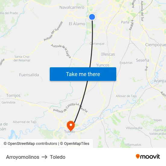 Arroyomolinos to Toledo map
