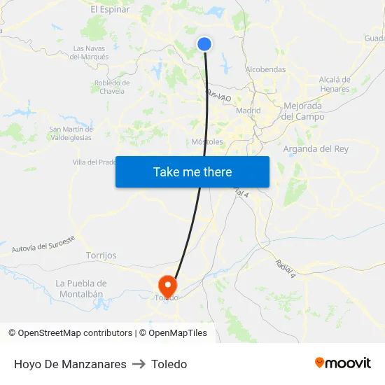 Hoyo De Manzanares to Toledo map