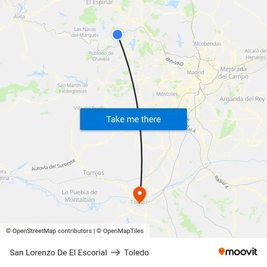 San Lorenzo De El Escorial to Toledo map