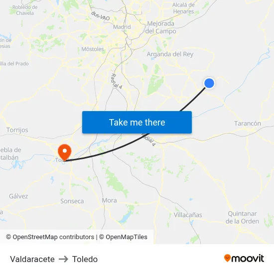 Valdaracete to Toledo map