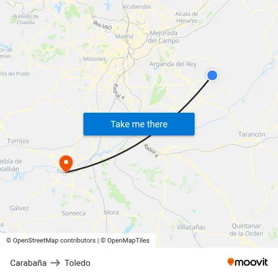 Carabaña to Toledo map