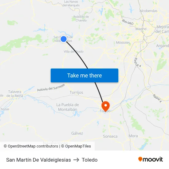 San Martín De Valdeiglesias to Toledo map