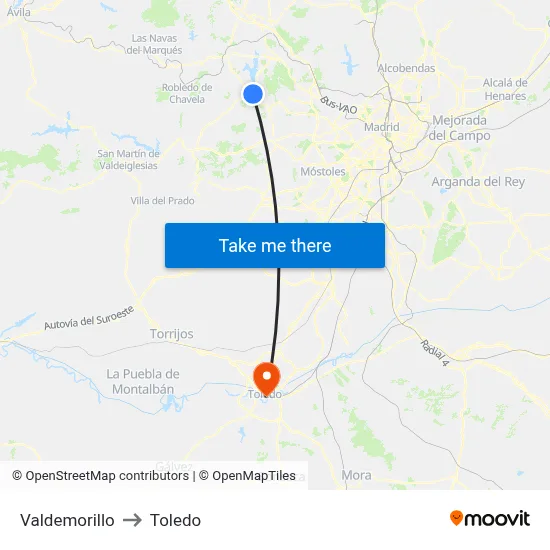Valdemorillo to Toledo map