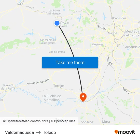Valdemaqueda to Toledo map