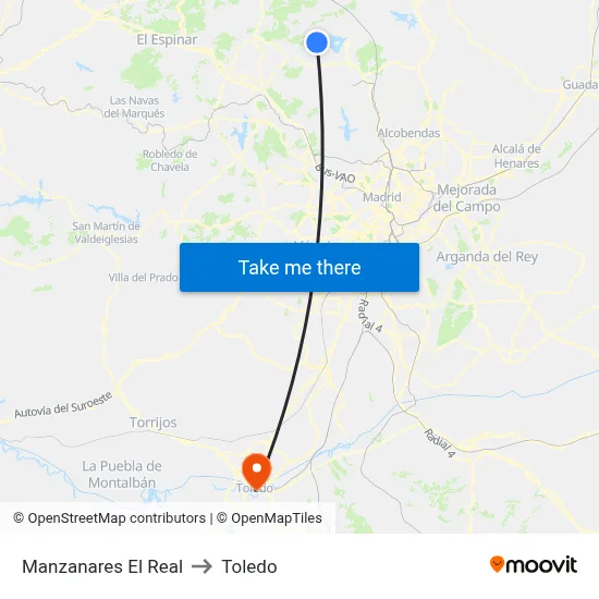 Manzanares El Real to Toledo map