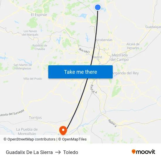 Guadalix De La Sierra to Toledo map