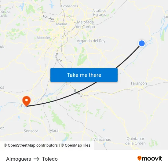 Almoguera to Toledo map