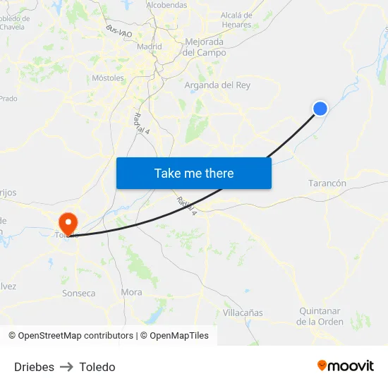 Driebes to Toledo map