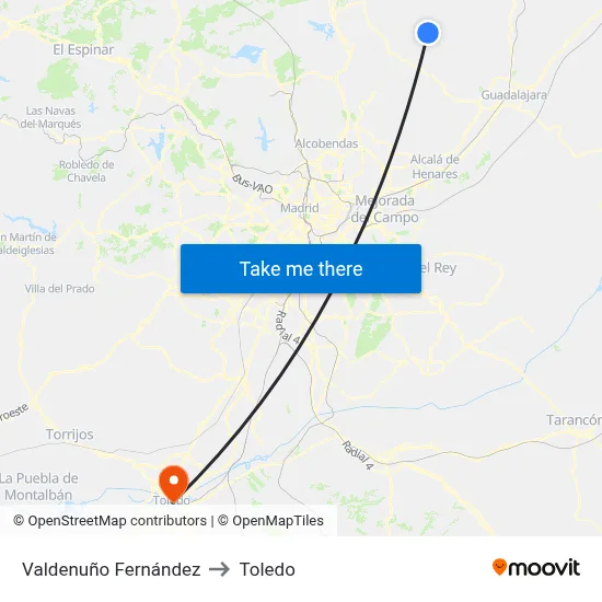 Valdenuño Fernández to Toledo map