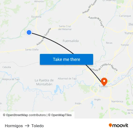 Hormigos to Toledo map